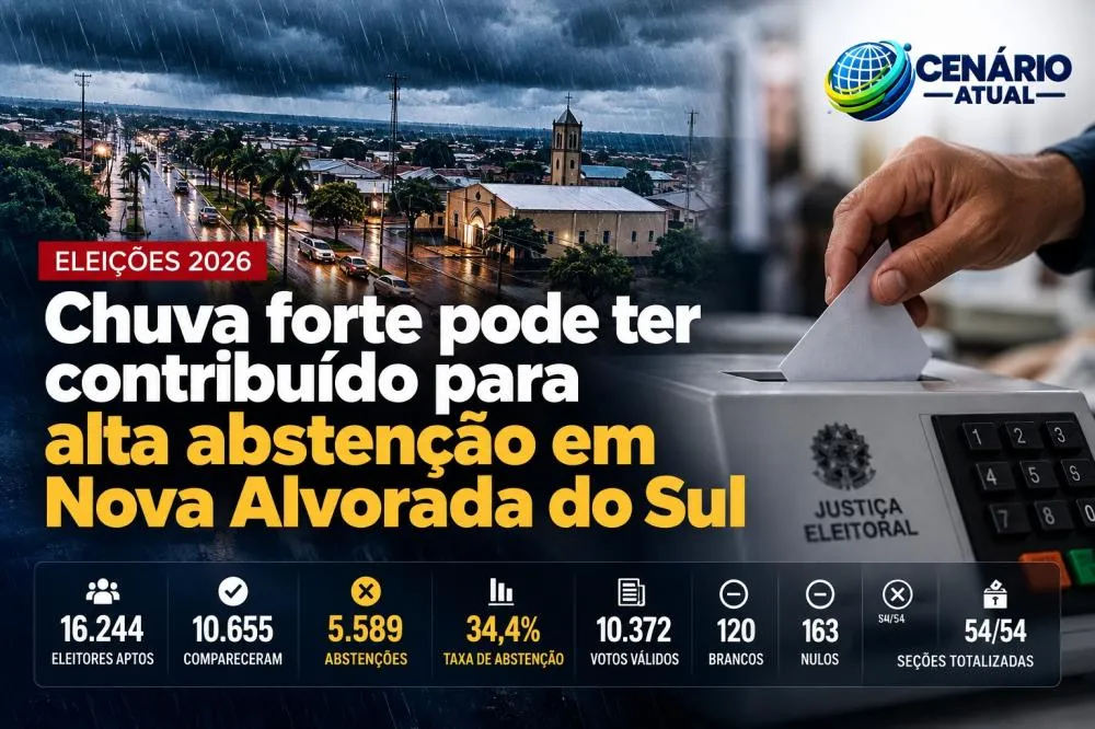 Chuva intensa em Nova Alvorada do Sul durante o domingo de votação e representação da urna eletrônica; arte produzida pelo Cenário Atual com elementos visuais gerados por inteligência artificial.