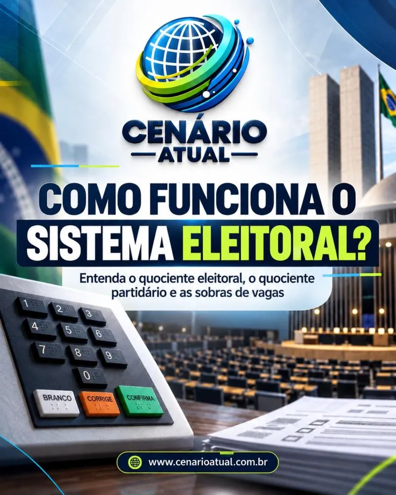 Capa ilustrativa sobre o funcionamento do sistema eleitoral brasileiro, com destaque para o quociente eleitoral, o quociente partidário e as sobras de vagas. Crédito: Arte produzida por Cenário Atual.